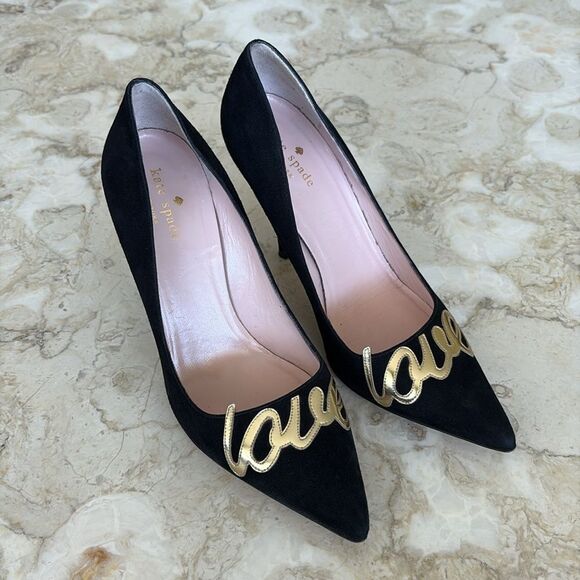 Kate Spade New York Gold “Love” Black Suede Leather Stiletto Heels Pumps - Picture 2 of 15